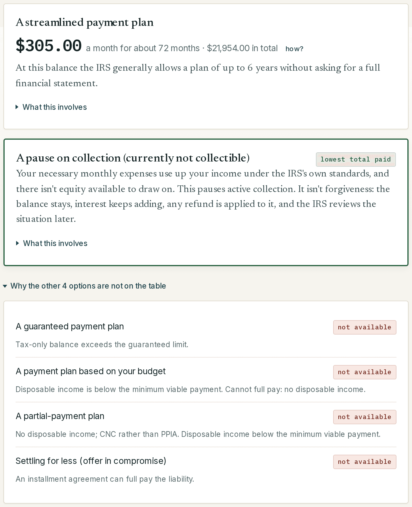 A streamlined payment plan shown as available with its monthly figure, and the other options listed with the reason each is not on the table